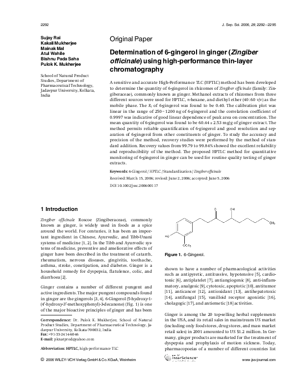 (PDF) Determination of 6-gingerol in ginger (Zingiber officinale) using ...