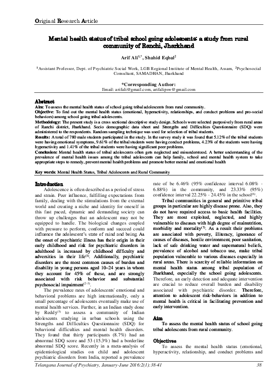 (PDF) Mental health status of tribal school going adolescents: a study ...
