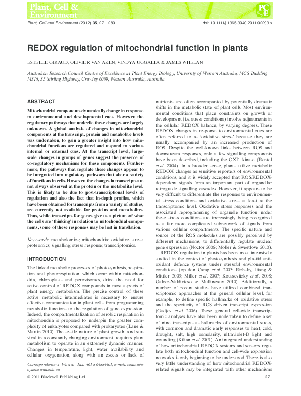 (PDF) REDOX regulation of mitochondrial function in plants