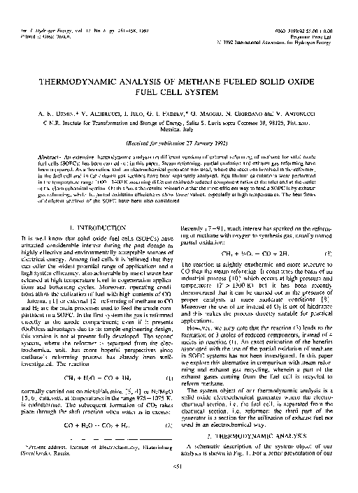 (PDF) Thermodynamic analysis of methane fueled solid oxide fuel cell system