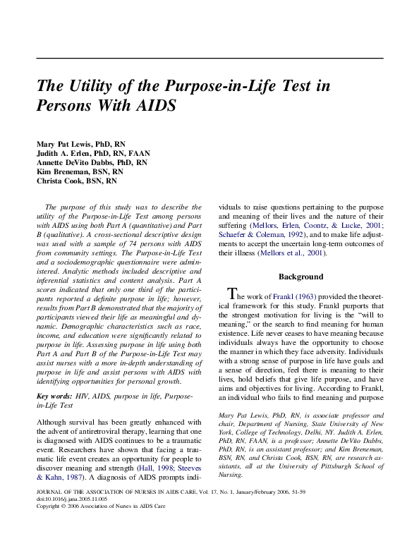 (PDF) The Utility of the PurposeinLife Test in Persons With AIDS