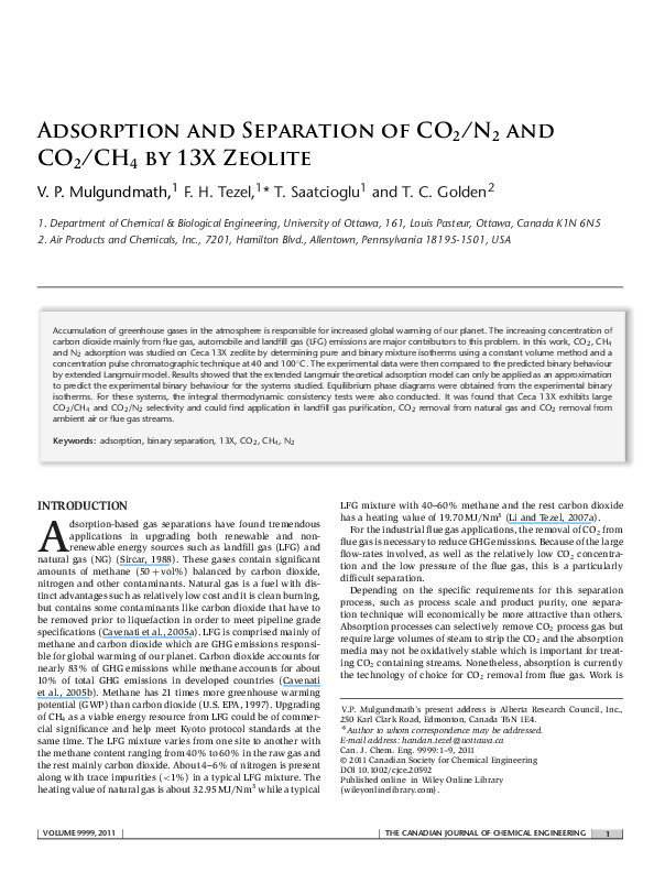 (PDF) Adsorption and separation of CO2/N2 and CO2/CH4 by 13X zeolite