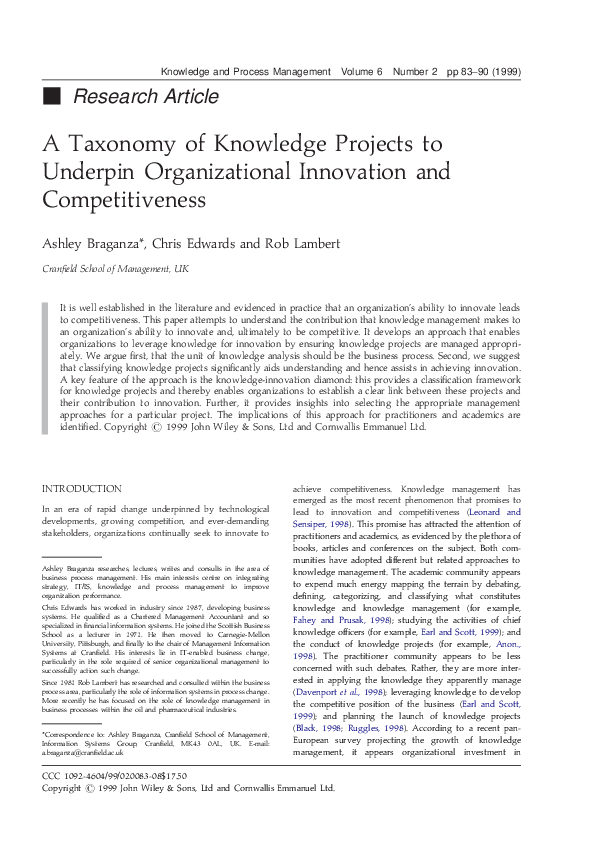 (PDF) A taxonomy of knowledge projects to underpin organizational ...