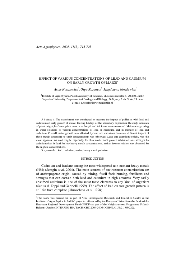 (PDF) Effect of Various Concentrations of Lead and Cadmium on Early ...