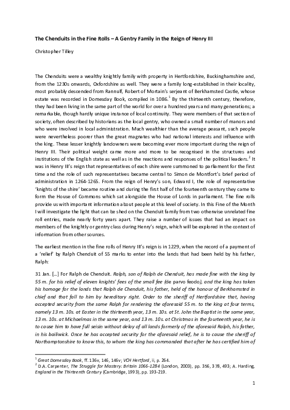 The Chenduits in the Fine Rolls - A Gentry Family in the Reign of Henry III