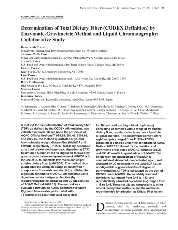 (PDF) Determination of Insoluble, Soluble, and Total Dietary Fiber