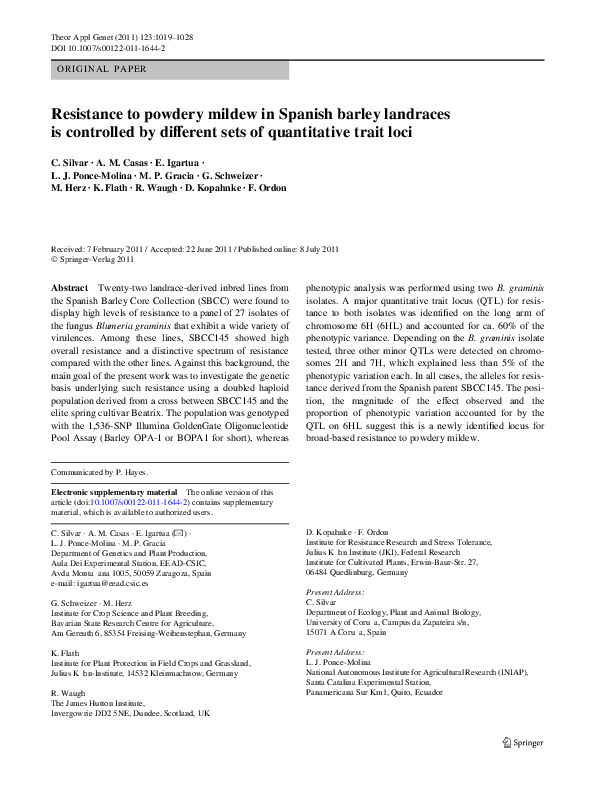 (PDF) Resistance to powdery mildew in Spanish barley landraces is