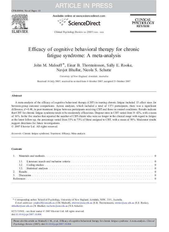 (PDF) Efficacy of cognitive behavioral therapy for chronic fatigue ...