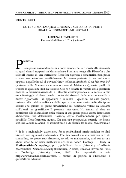 (PDF) Note su Matematica e Poesia e sui loro rapporti Dualità e