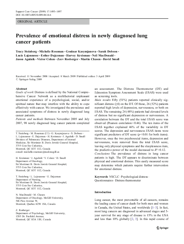 (PDF) Prevalence of emotional distress in newly diagnosed lung cancer ...
