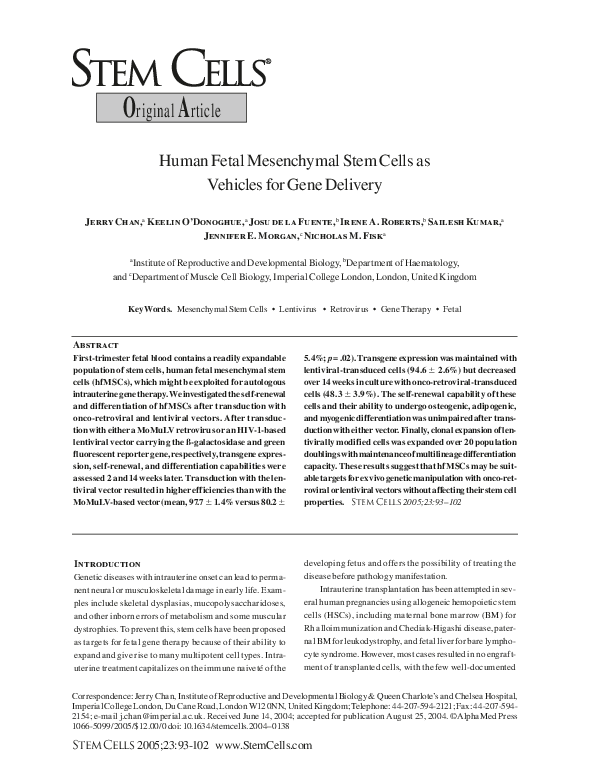 (PDF) Human Fetal Mesenchymal Stem Cells as Vehicles for Gene Delivery