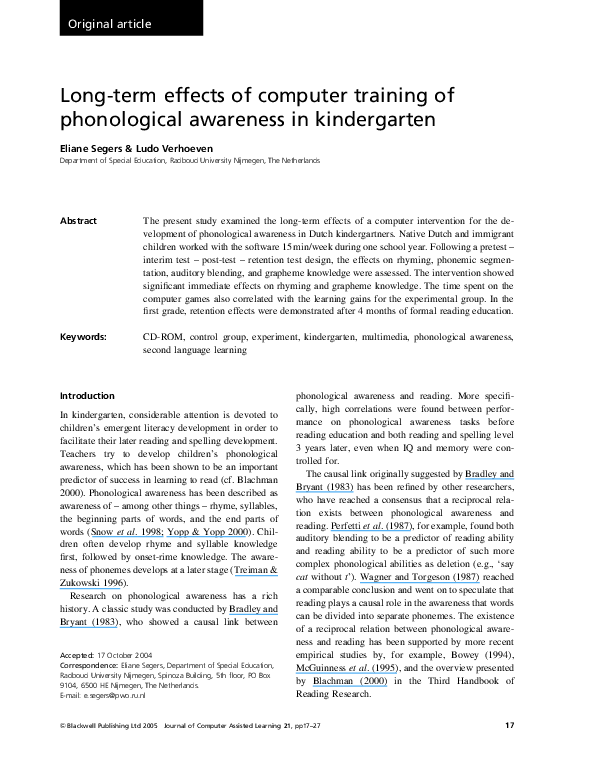 (PDF) Long-term effects of computer training of phonological awareness ...