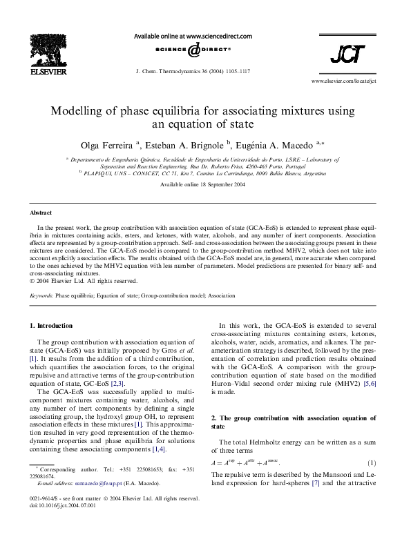 (PDF) Modelling of phase equilibria for associating mixtures using an ...