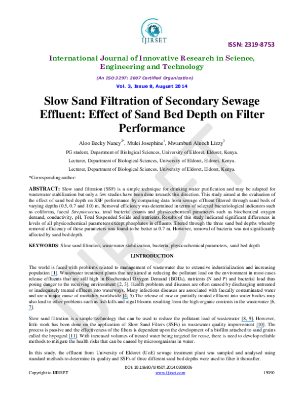 (PDF) Slow Sand Filtration for Secondary Sewage Effluent Stabilization