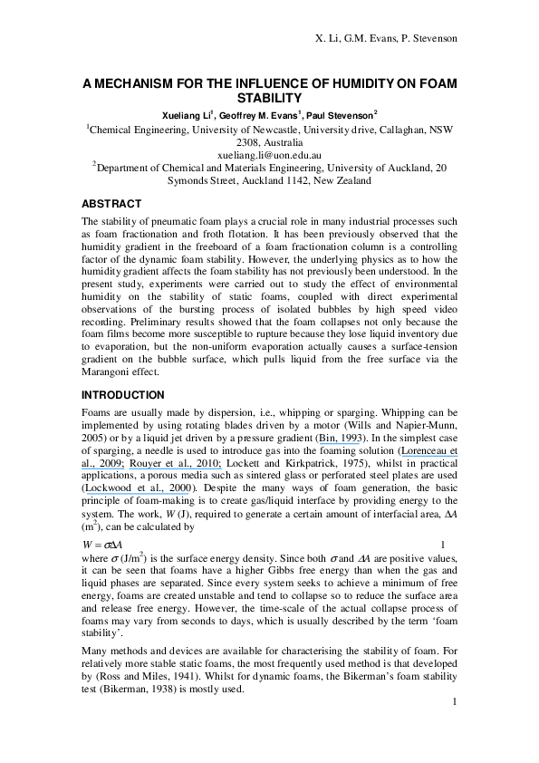 (PDF) A Mechanism for the Influence of Humidity on Foam Stability