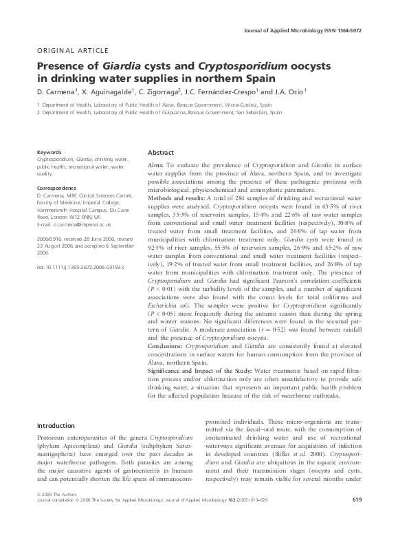 (PDF) Presence of Giardia cysts and Cryptosporidium oocysts in drinking ...