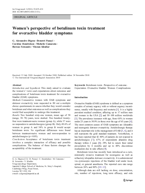 (PDF) Women’s perspective of botulinum toxin treatment for overactive ...