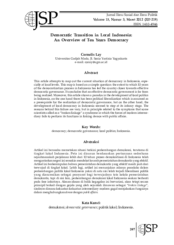 Pdf Democratic Transition In Local Indonesia An Overview Of Ten Years