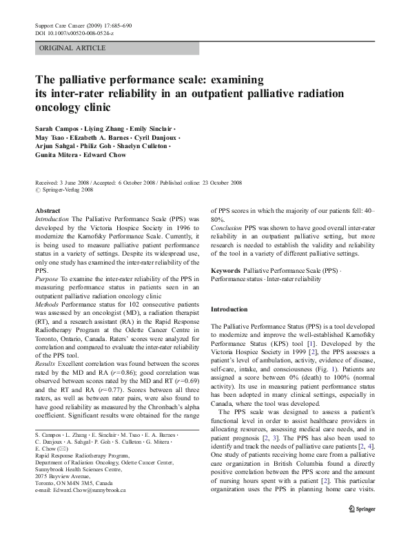 (PDF) The palliative performance scale: examining its inter-rater ...