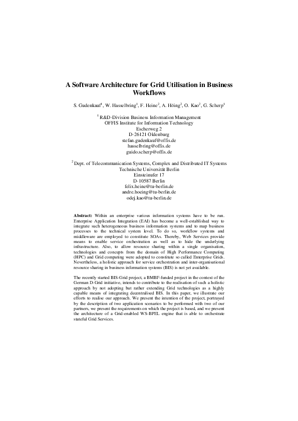 (PDF) A Software Architecture for Grid Utilisation in Business Workflows