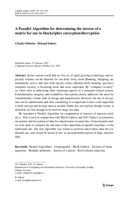 (PDF) A Parallel Algorithm for determining the inverse of a matrix for ...