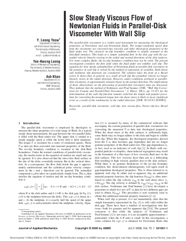 (PDF) Slow Steady Viscous Flow of Newtonian Fluids in ParallelDisk