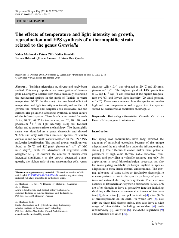 Pdf The Effects Of Temperature And Light Intensity On Growth Reproduction And Eps Synthesis Of A Thermophilic Strain Related To The Genus Graesiella Hatem Ben Ouada Nahla Mezhoud And Jihene Ammar