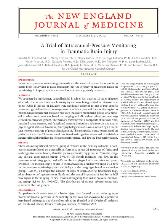 (PDF) A Trial of Intracranial-Pressure Monitoring in Traumatic Brain Injury