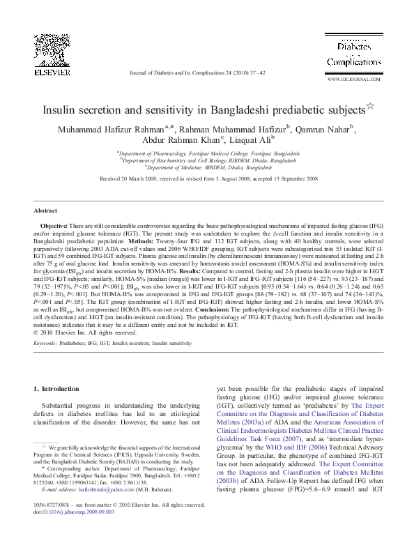 (PDF) Insulin secretion and sensitivity in Bangladeshi prediabetic subjects