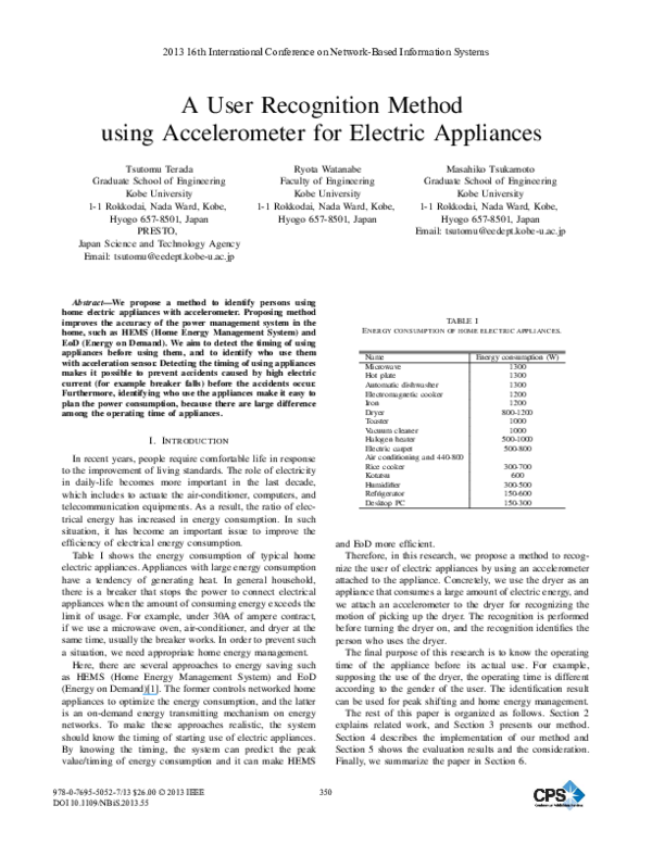 (PDF) A User Recognition Method Using Accelerometer for Electric Appliances