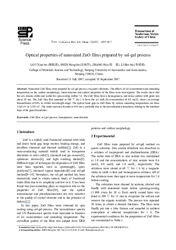 (PDF) Optical properties of ZnO thin films prepared by sol–gel process