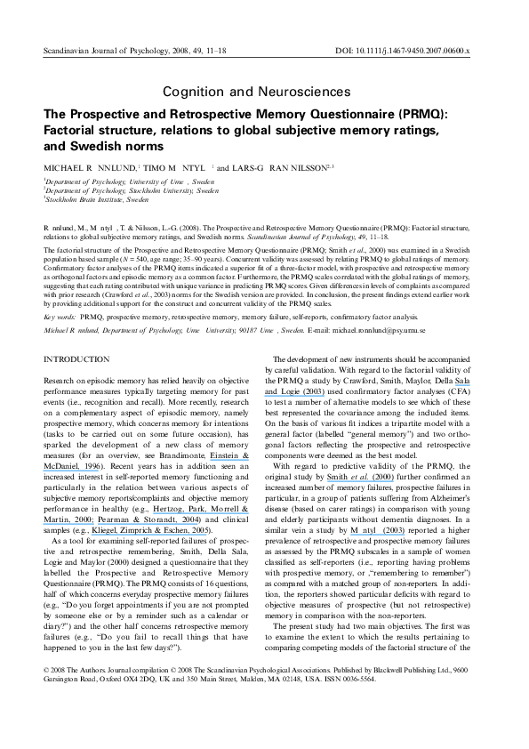 (PDF) The Prospective and Retrospective Memory Questionnaire (PRMQ) Normative data and latent