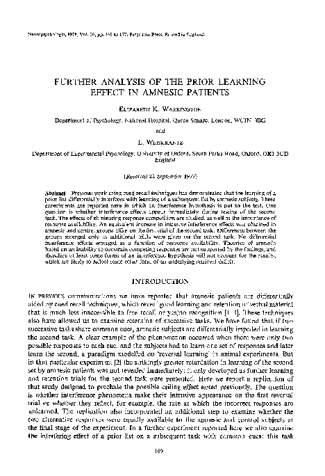 (PDF) Further analysis of the prior learning effect in amnesic patients