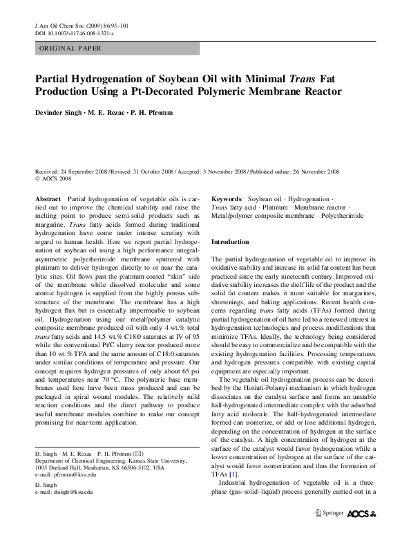 (PDF) Partial Hydrogenation of Soybean Oil with Minimal Trans Fat
