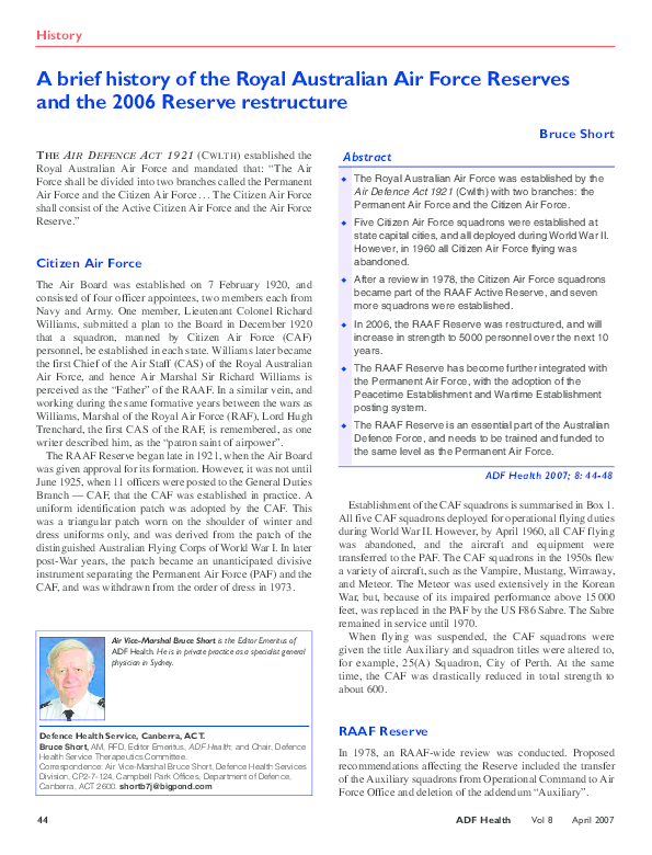 (PDF) A brief history of the Royal Australian Air Force Reserves and