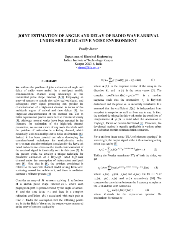 (PDF) Joint Estimation of Angle and Delay of Radio Wave Arrival under ...