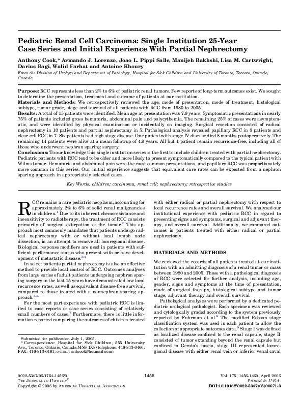 (PDF) Pediatric Renal Cell Carcinoma Single Institution 25Year Case