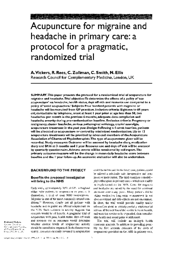 (PDF) Acupuncture for migraine and headache in primary care a protocol