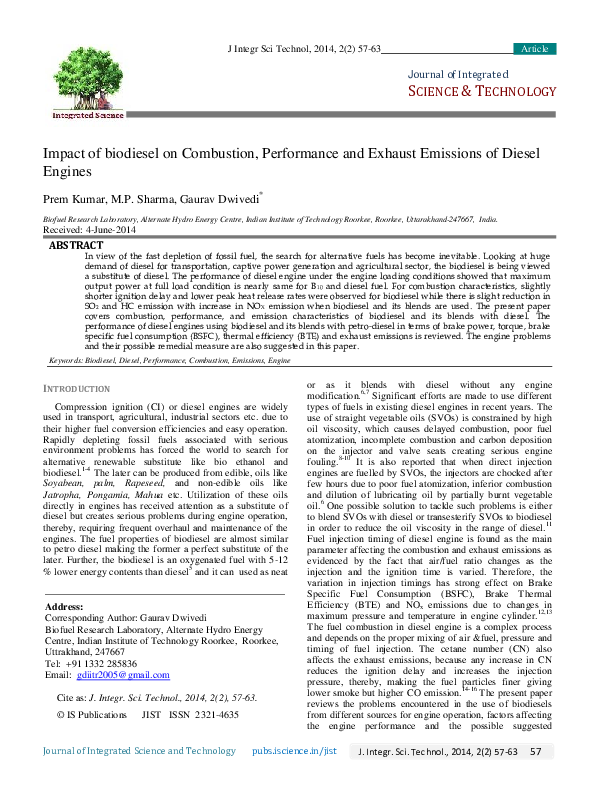 (PDF) Impact of biodiesel on Combustion, Performance and Exhaust ...