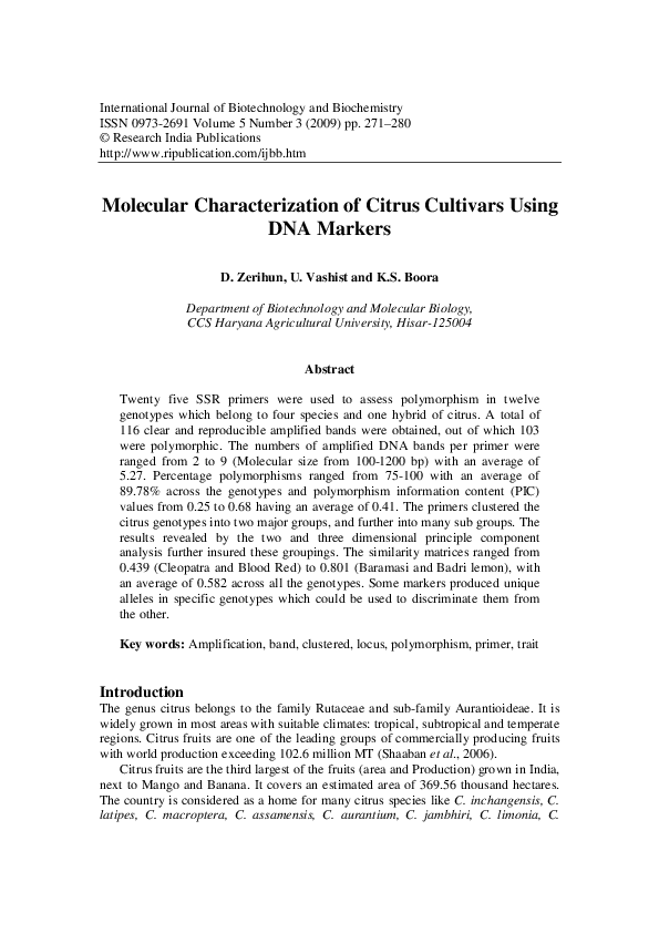 Pdf Molecular Characterization Of Citrus Cultivars Using Dna Markers
