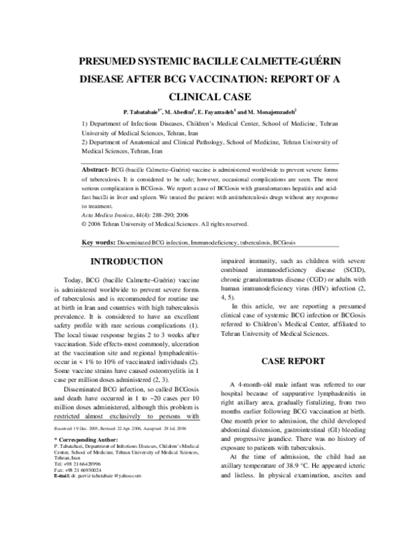 (PDF) PRESUMED SYSTEMIC BACILLE CALMETTE-GUÉRIN DISEASE AFTER BCG ...