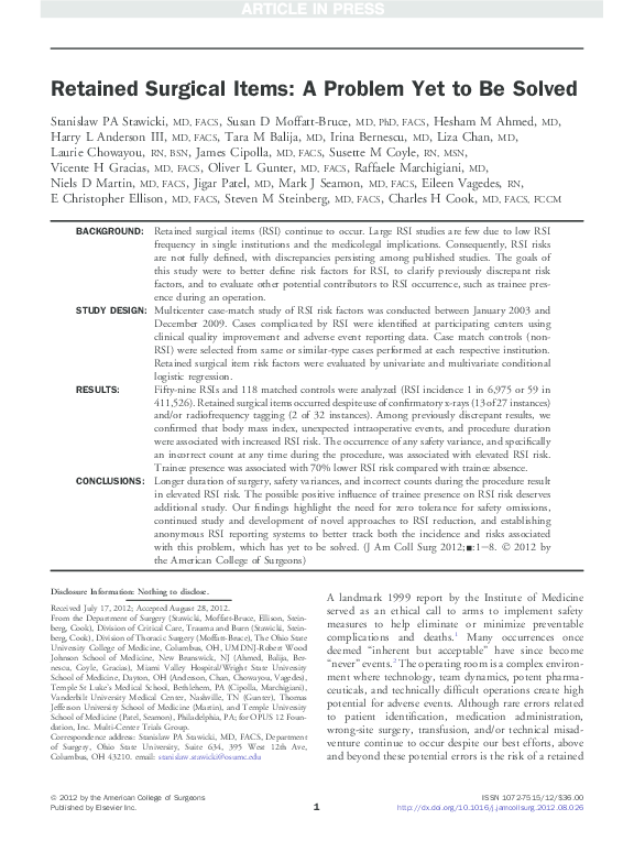 (PDF) Retained Surgical Items: A Problem Yet to Be Solved