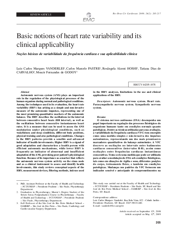 (PDF) Basic notions of heart rate variability and its clinical ...