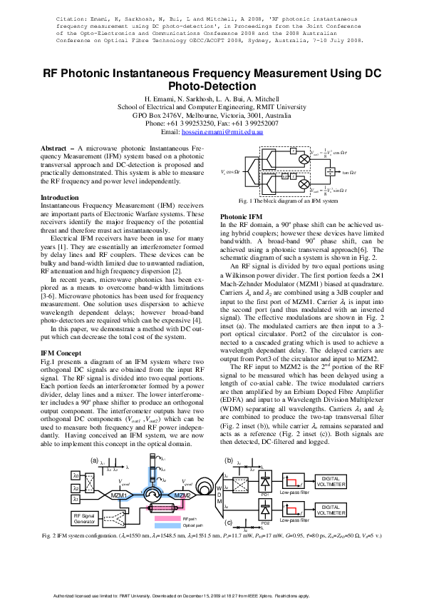 (PDF) RF photonic Instantaneous Frequency Measurement using DC photo ...