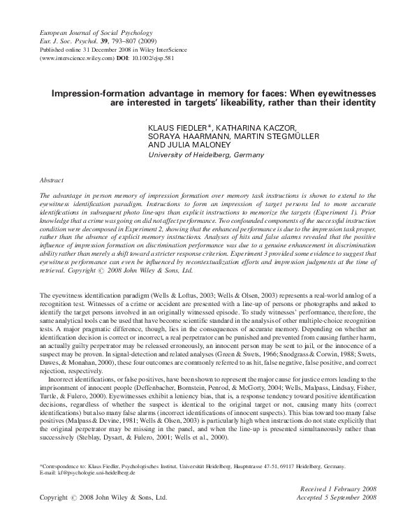 (PDF) Impression-formation advantage in memory for faces: When ...