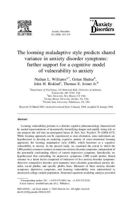 (PDF) The looming maladaptive style predicts shared variance in anxiety ...