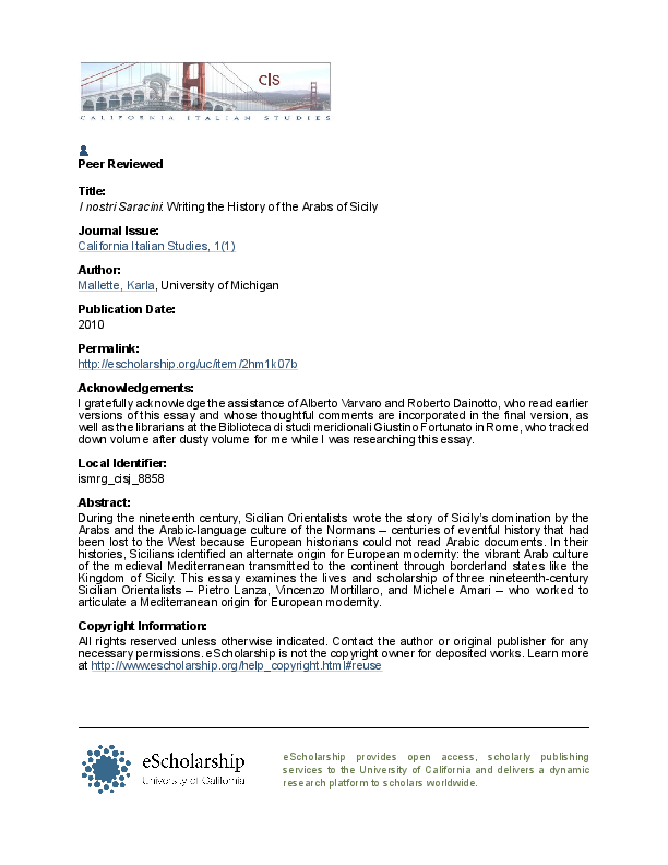 I nostri saracini, Writing the history of the Arabs of Sicily