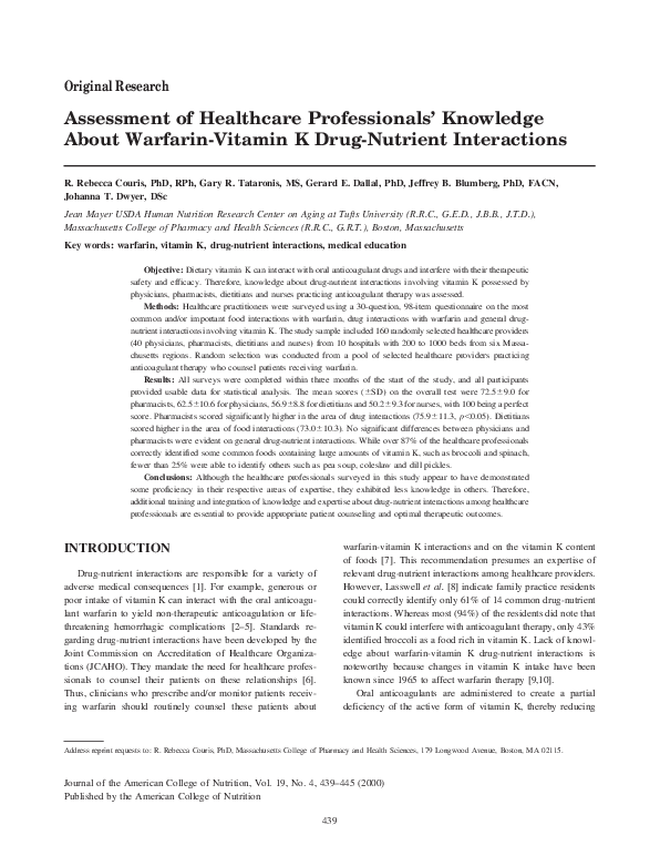 (PDF) Assessment of healthcare professionals' knowledge about warfarin