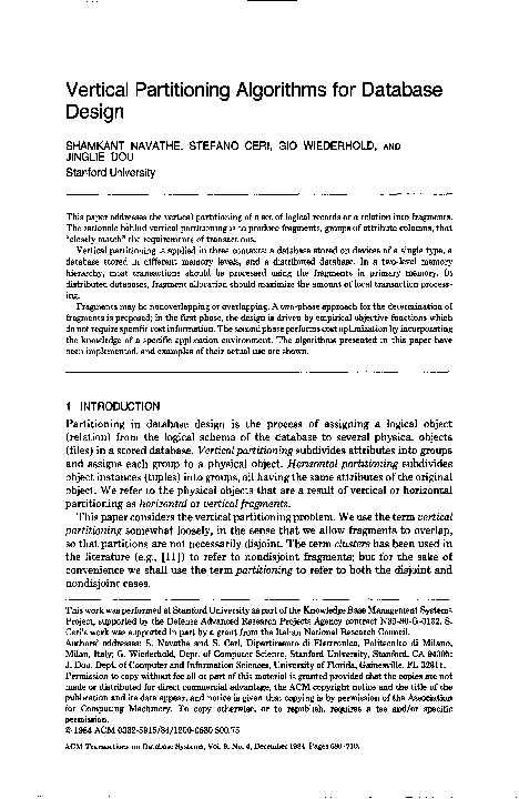(PDF) Vertical partitioning algorithms for database design