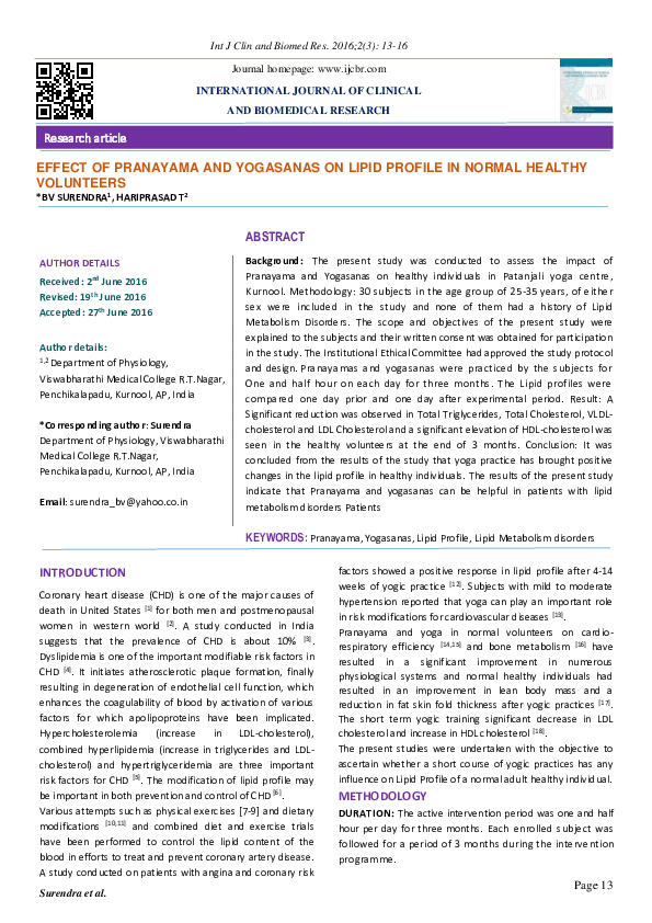 (PDF) EFFECT OF PRANAYAMA AND YOGASANAS ON LIPID PROFILE IN NORMAL ...